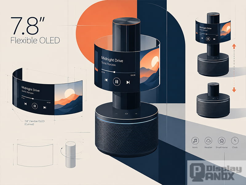 Concept illustration of a 7.8-inch flexible OLED smart speaker featuring a curved wraparound display, vertical lifting mechanism, and adjustable display positions.