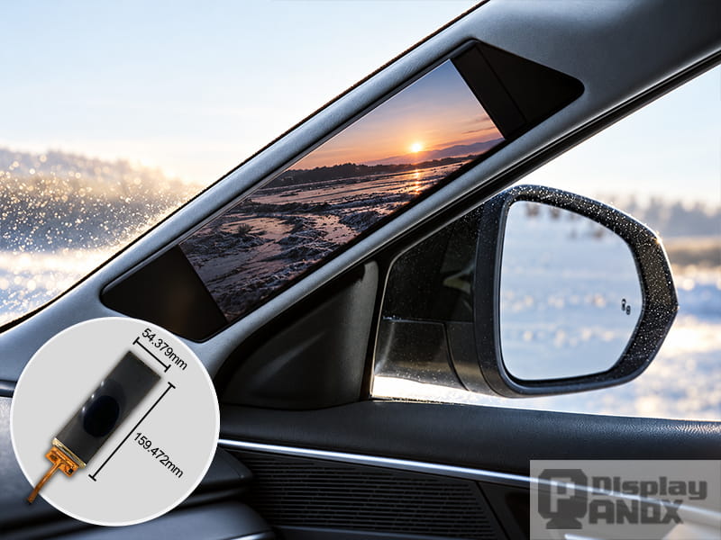 Concept illustration of a flexible AMOLED display integrated into an automotive A-pillar, with an inset showing the display module and its dimensions for curved vehicle interior applications.