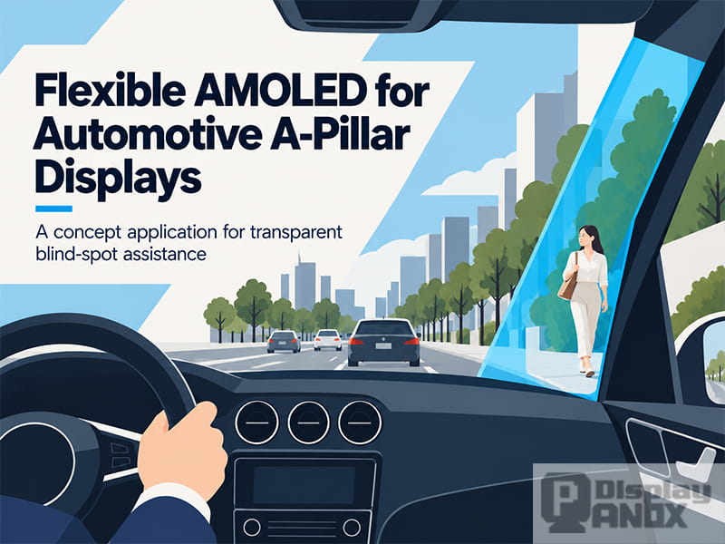 Illustration of a flexible AMOLED automotive A-pillar display revealing a pedestrian in the driver's blind spot.
