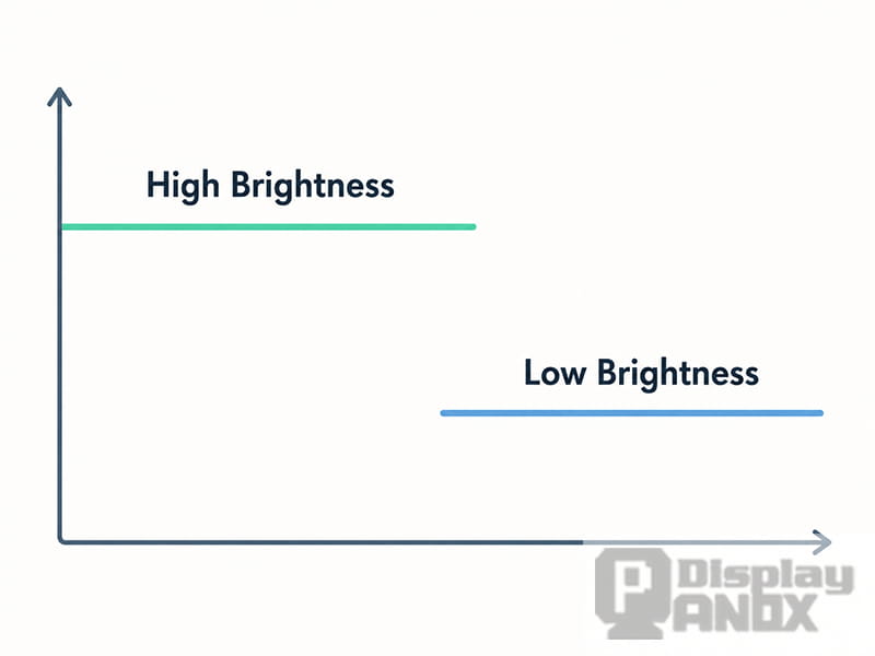 High and low brightness comparison diagram showing different screen brightness levels in a mobile display dimming explanation.