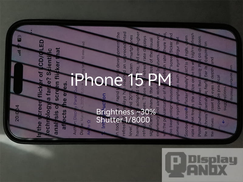 iPhone OLED screen flicker test captured at 30 percent brightness and 1/8000 shutter speed, showing visible PWM flicker bands.