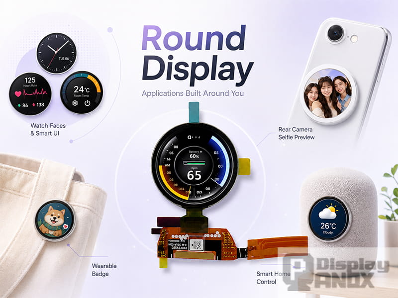 Round display applications for smart badges, wearable accessories, rear camera selfie preview, and smart home control