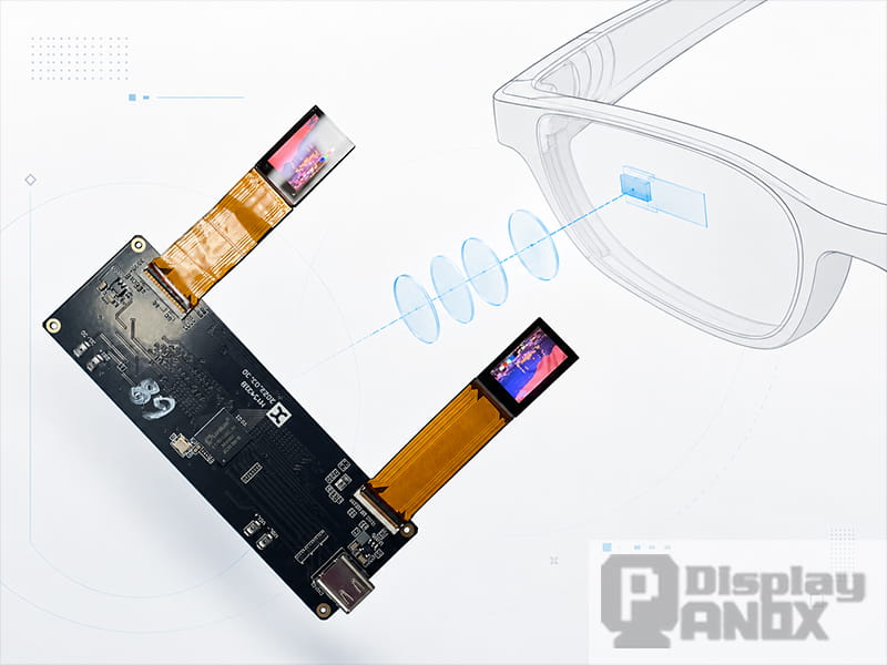 0.68 inch Micro OLED display module with dual screens and AR glasses optical integration concept