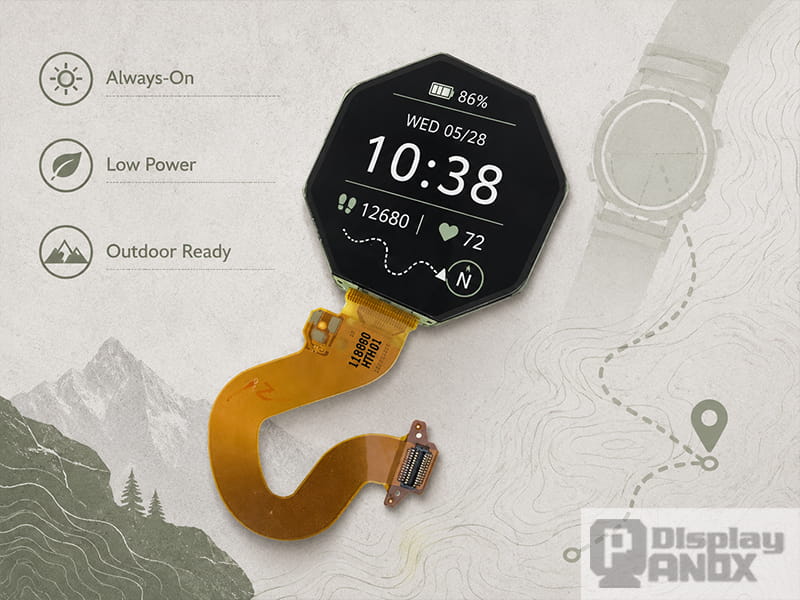 1.2-inch Memory LCD module for low-power smartwatch, outdoor wearable and always-on display applications.