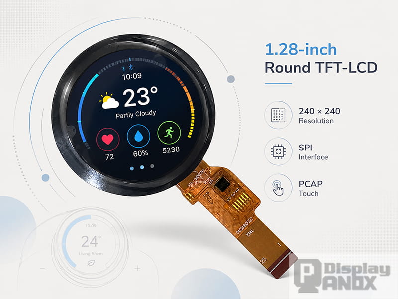 1.28-inch round TFT-LCD touch display with 240 × 240 resolution, SPI interface and PCAP touch support.