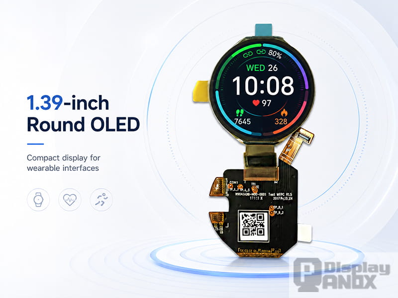 1.39-inch round OLED display module with smartwatch-style UI for wearable interfaces and compact circular display designs.