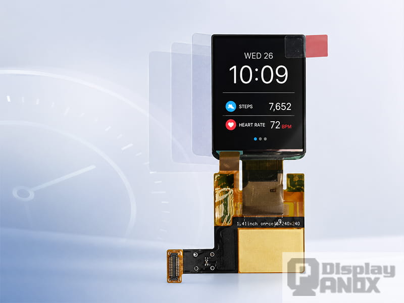 1.41-inch OLED On-Cell PCAP touch display module for smartwatch and wearable interfaces.