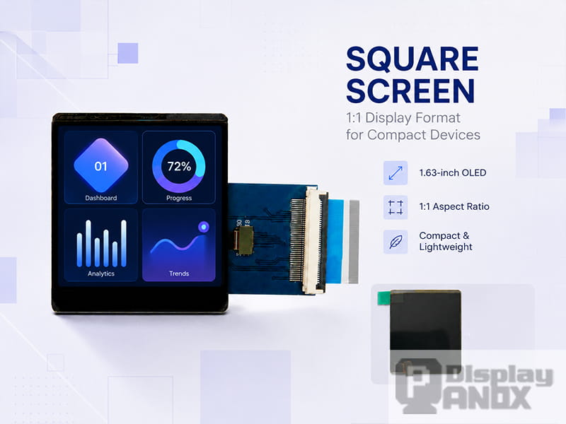 1.63 inch square OLED display module with 1:1 aspect ratio, shown with compact dashboard UI and back view reference.