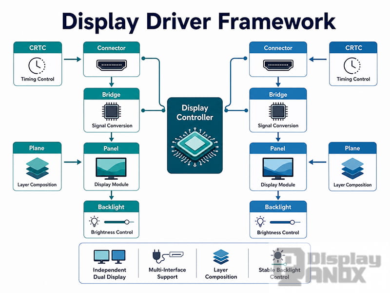 Display driver framework diagram showing CRTC, connector, bridge, panel, plane, backlight, and display controller paths for dual-screen POS systems.