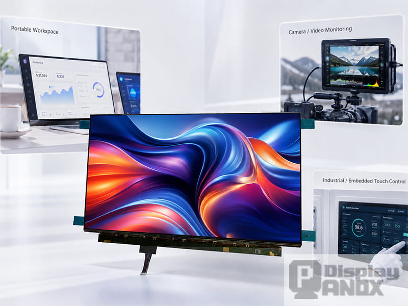 15.6 inch 4K OLED monitor display panel showing application scenarios including portable workspace, camera video monitoring and industrial embedded touch control