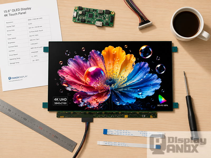 15.6 inch 4K OLED monitor display panel on a product development desk with controller board, FPC cables, ruler and test image