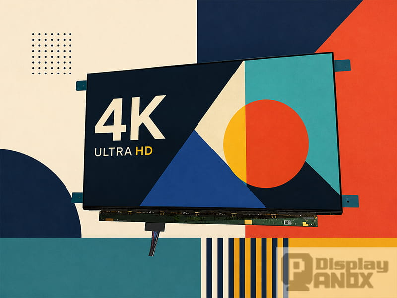 15.6 inch 4K OLED monitor display panel with exposed driver board and FPC cable in a bold geometric graphic hero design