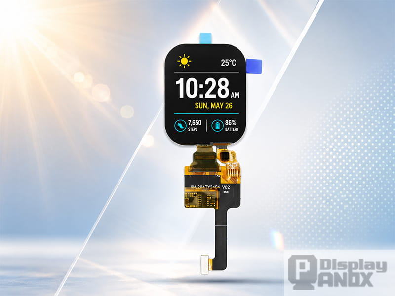 2.04 inch AM-OLED display panel with a bright smartwatch interface under sunlight