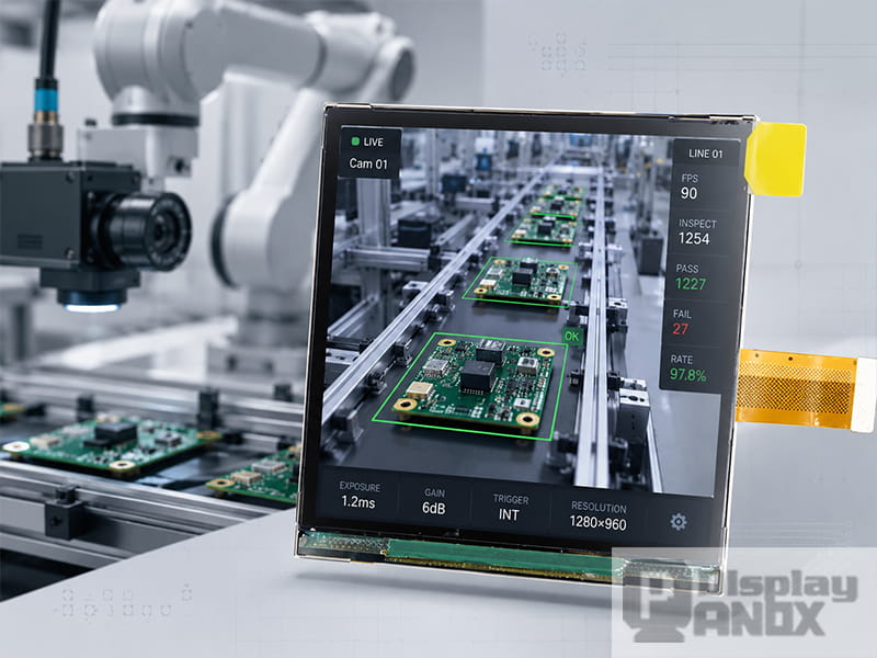 3.5 inch 90Hz fast LCD display panel showing an industrial machine vision interface for real-time monitoring and inspection applications.