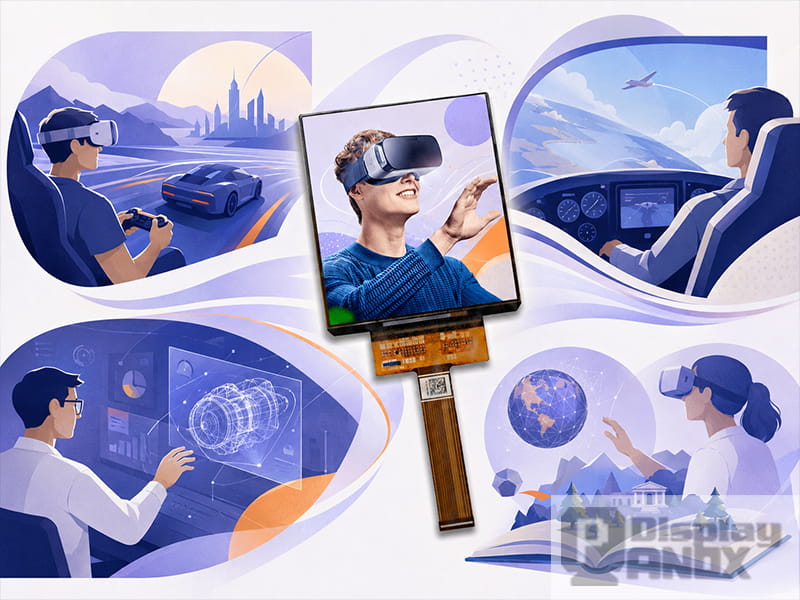 3.81 inch OLED 90Hz VR display module showing gaming, simulation, training and immersive education application scenarios