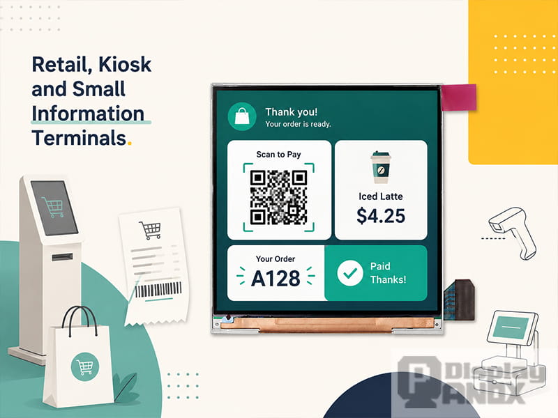3 inch square TFT LCD display showing a retail kiosk interface with QR payment, order number and product information.