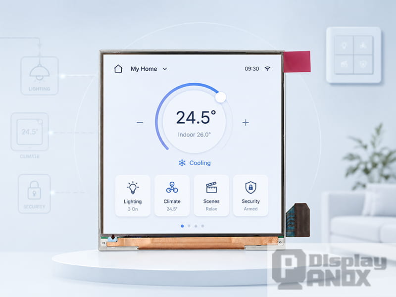 3-inch square TFT-LCD display showing a smart home control interface for compact handheld controllers.