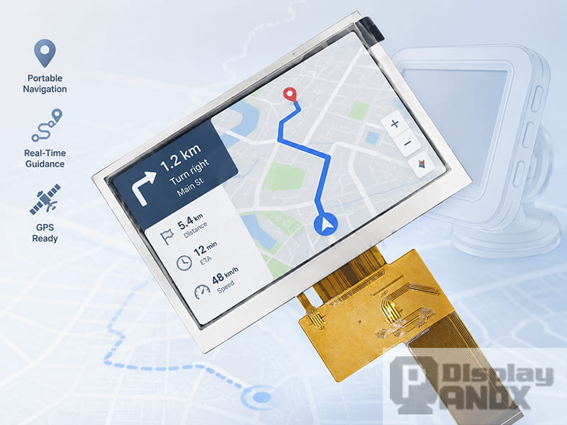 4.3-inch TFT LCD RGB display panel showing a portable navigation interface for handheld GPS devices.