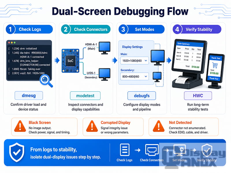 Dual-screen debugging flow for POS displays, showing log checking, connector inspection, display mode setting, and stability verification.