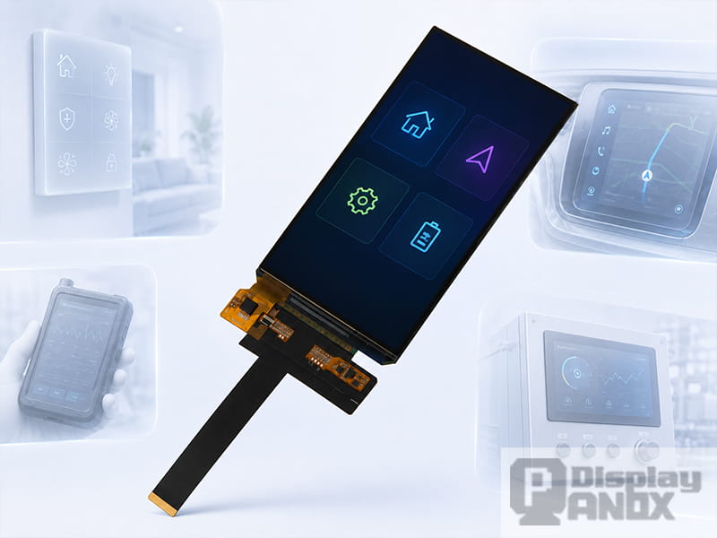 5.0-inch OLED On-Cell touch display module with smart home, navigation, and handheld application UI.