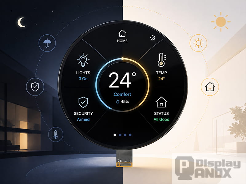5.0 inch round LCD display module with high contrast smart home control interface for readability and day night viewing