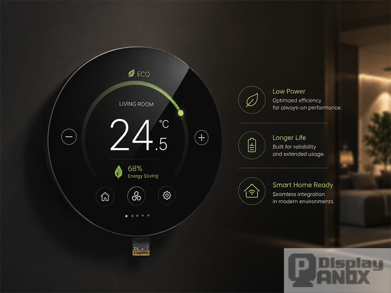 5.0-inch round LCD cover glass display with smart home thermostat UI for low-power control applications.