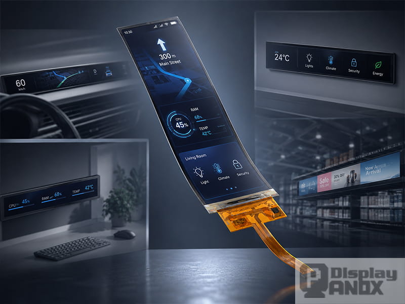 6.52 inch flexible OLED long strip display showing automotive, smart home, PC and retail application scenarios.
