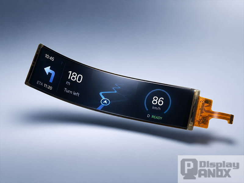 6.52 inch flexible OLED long strip display showing a curved dashboard-style navigation interface.