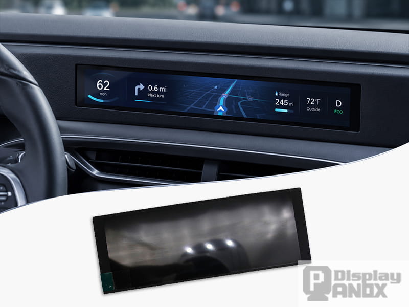 6.8 inch long strip LCD module shown with an automotive dashboard navigation display application.