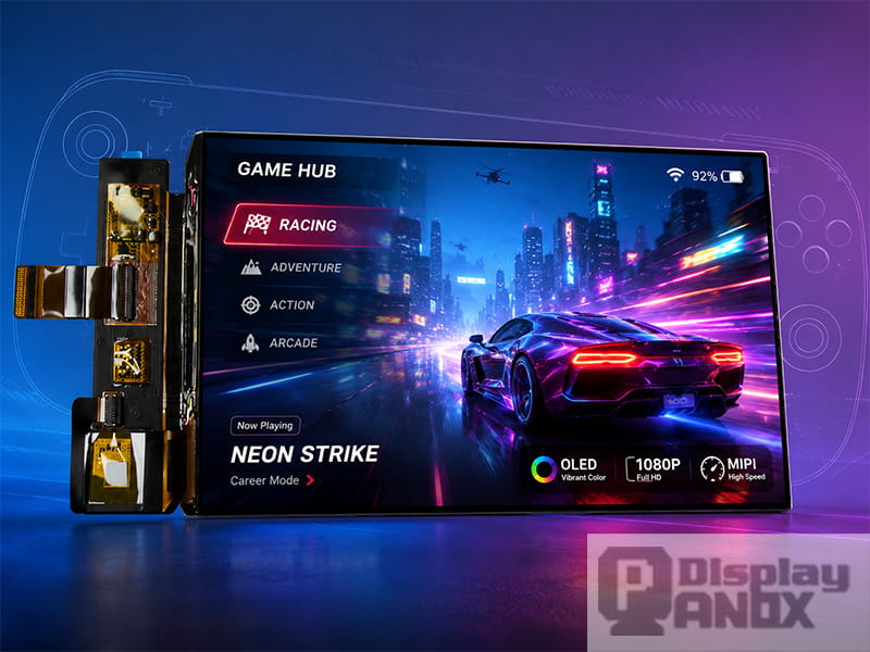 7-inch AMOLED display panel showing a gaming interface for handheld console applications.
