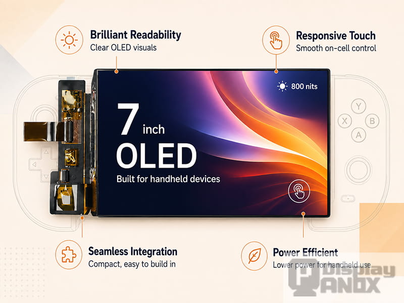 7-inch AMOLED OLED MIPI display panel with large viewing area, touch control, readability, and power efficiency highlights.