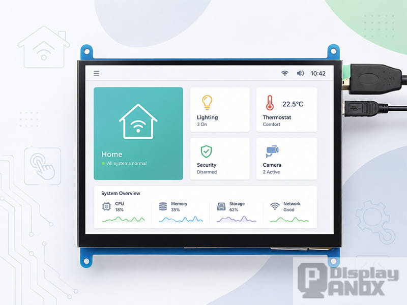 7 inch Raspberry Pi LCD touch screen showing a smart home control dashboard with lighting, thermostat, security and system overview widgets