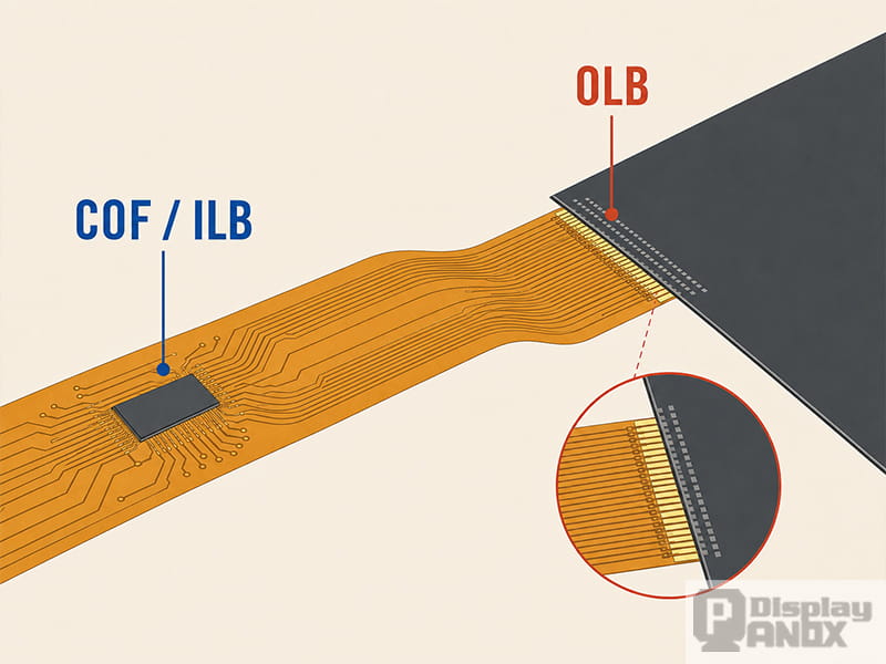 Flat technical illustration showing COF packaging, ILB connections, and OLB bonding in an LCD module.
