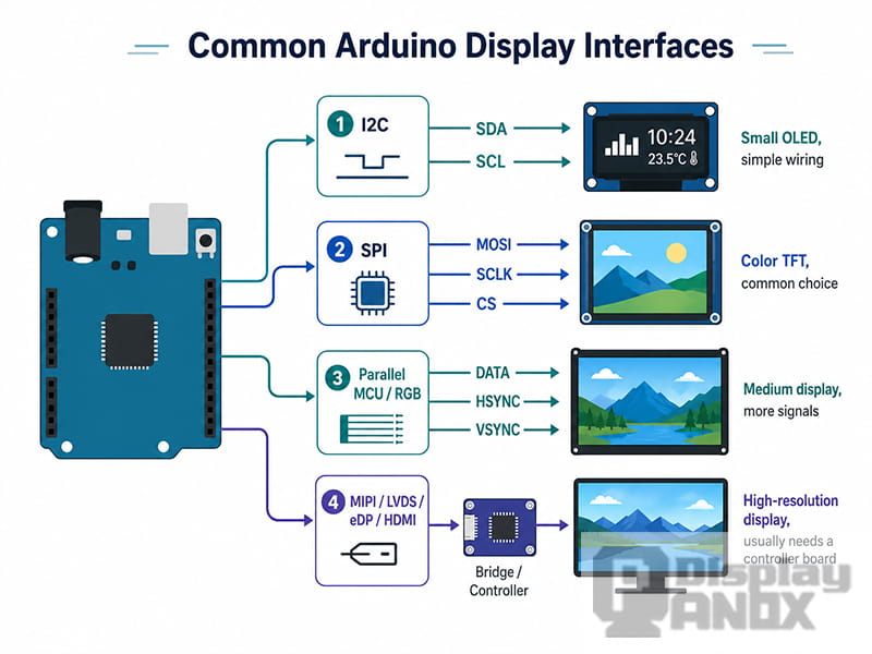 Common Arduino display interfaces including I2C, SPI, parallel MCU RGB, and MIPI LVDS HDMI controller board connections