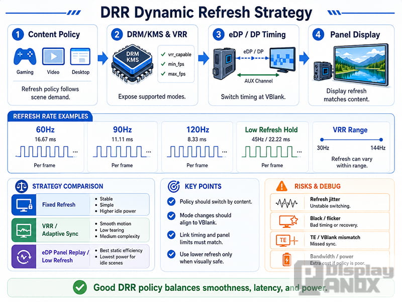 Dynamic Refresh Rate strategy infographic showing content policy, DRM/KMS and VRR support, eDP/DP timing, refresh rate examples and DRR debug risks.