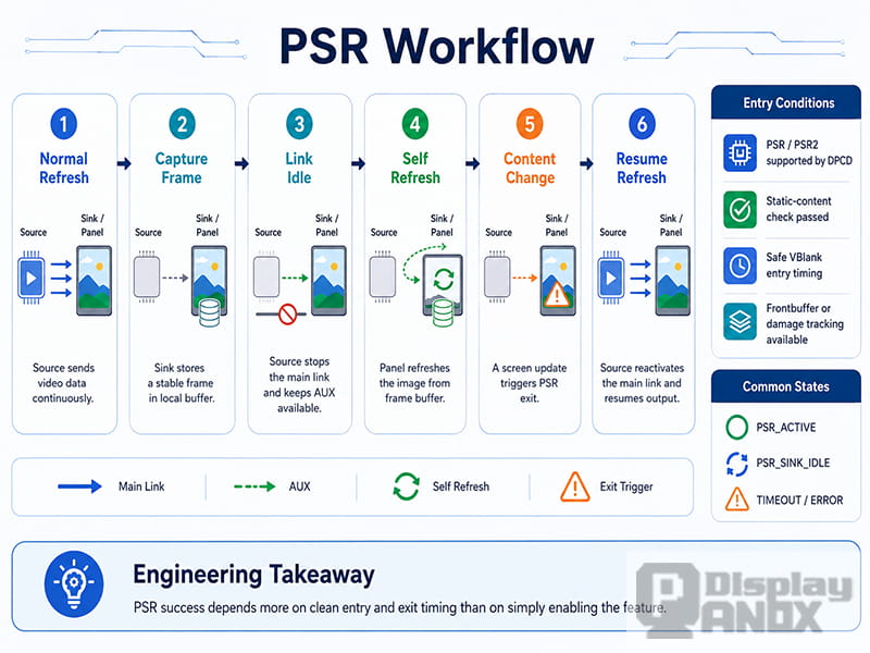 PSR workflow diagram showing normal refresh, frame capture, link idle, self refresh, content change and resume refresh in an eDP display system.