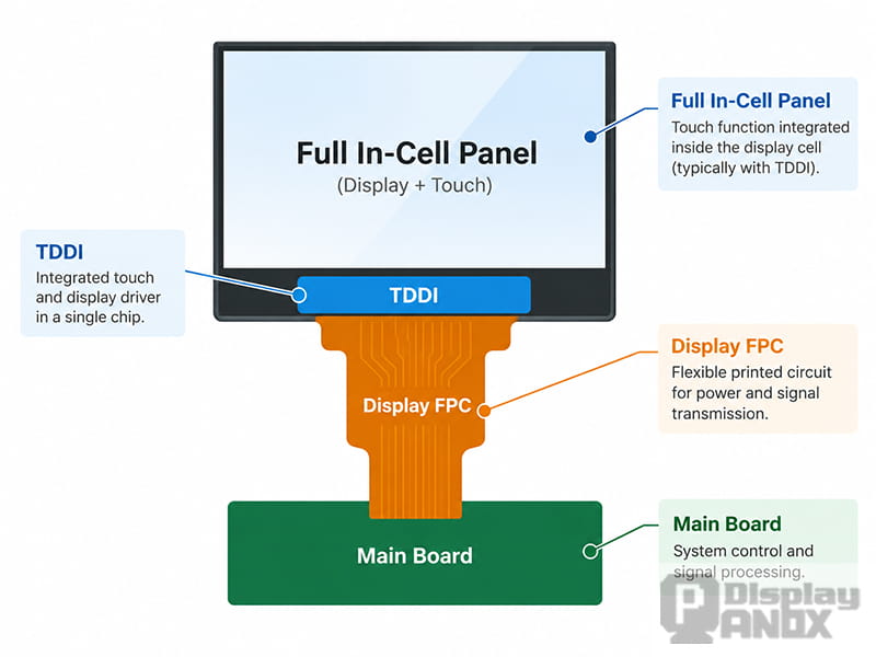 Schematic of a Full In-Cell touch display with TDDI integration, illustrating the connections between the display panel, flexible printed circuit, and main board.