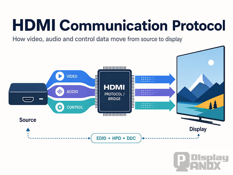 HDMI communication protocol transferring video, audio, and control data from a source to a display.