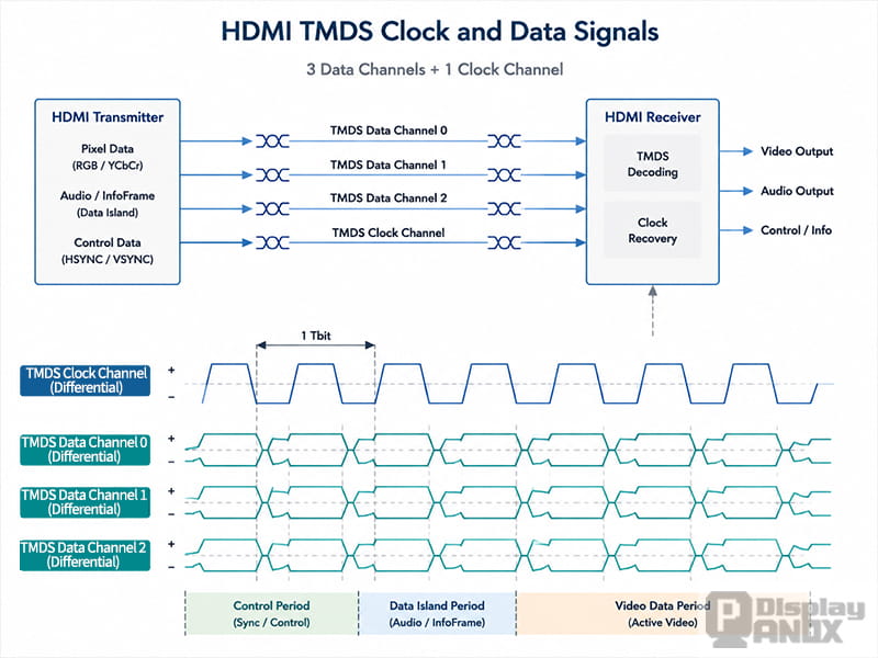 HDMI TMDS transmission diagram illustrating three data channels and one clock channel