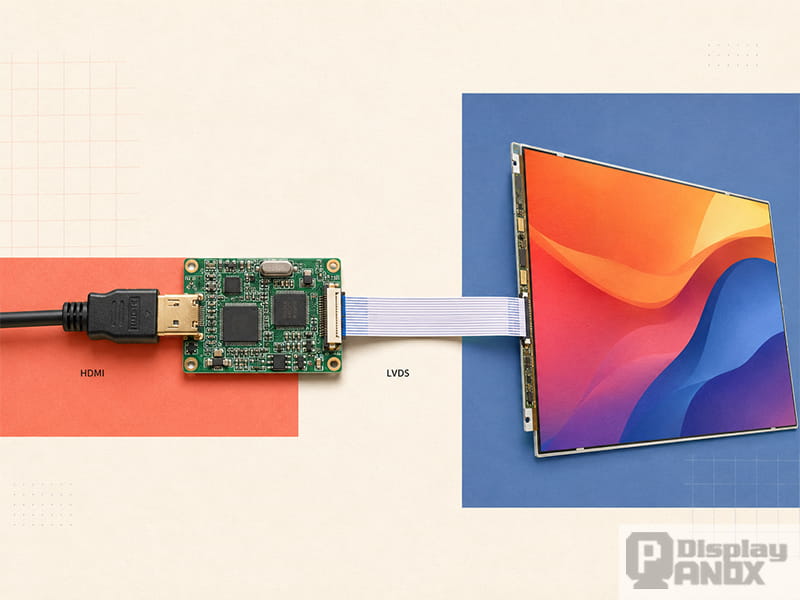 HDMI to LVDS converter board connected to an LCD panel