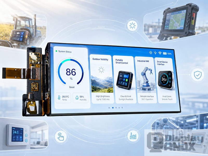 7 inch AMOLED OLED display showing high brightness application interface for outdoor visibility, industrial HMI, portable control and smart device use