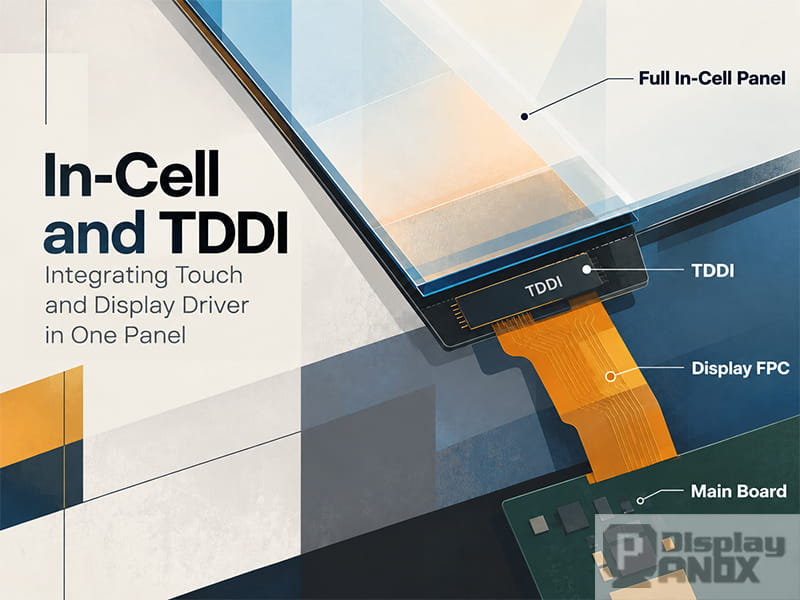 Illustration of In-Cell display technology showing the integrated TDDI driver, display FPC connection, and main board.