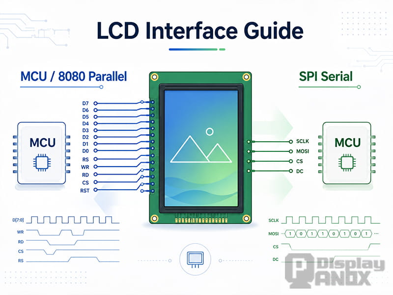 Illustration comparing LCD MCU 8080 parallel interface and SPI serial interface with signal lines, timing waveforms, and a central display module.