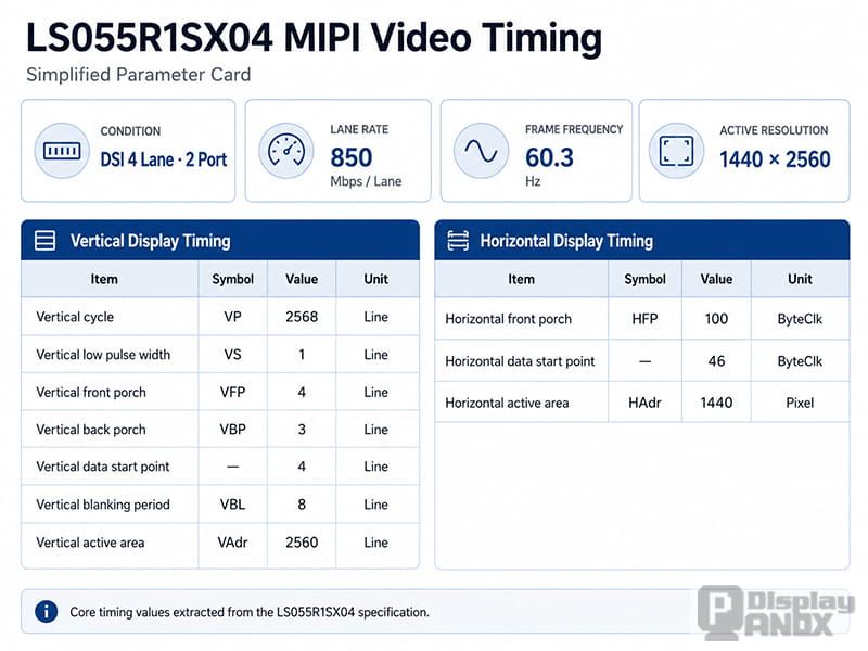 LS055R1SX04 MIPI video timing parameters including resolution, lane rate and display timing values