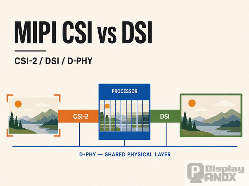 MIPI CSI-2 and DSI interface flow using the shared D-PHY physical layer.