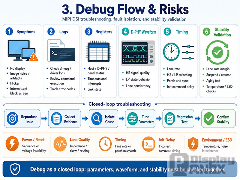 MIPI DSI debug flow and risks infographic showing symptoms, logs, registers, D-PHY waveform, timing checks, and stability validation.