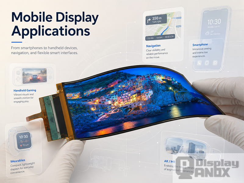 Mobile display applications hero image featuring a flexible AMOLED panel for smartphones and handheld devices