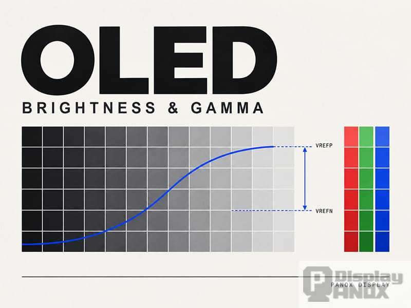 OLED display brightness and gamma calibration illustrated with a grayscale grid, blue curve, and VREFP and VREFN reference guides.