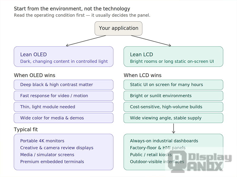 Diagram explaining how to choose between OLED and LCD monitor display panels based on application environment, contrast, brightness, response time and typical use cases