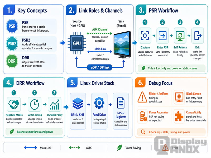 Overview infographic explaining PSR, PSR2, DRR, DP/eDP link roles, PSR workflow, DRR workflow, Linux driver stack and debug focus.